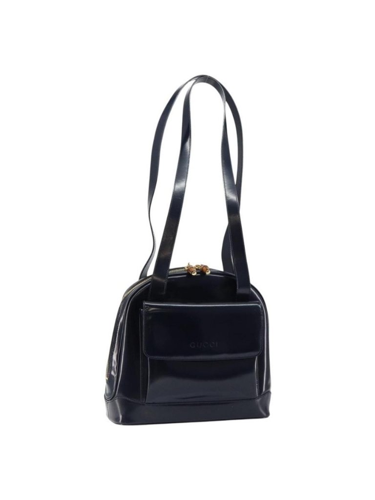 Authentic Gucci Bamboo Shoulder Bag Patent Leather Navy Gold 001 2113 1650